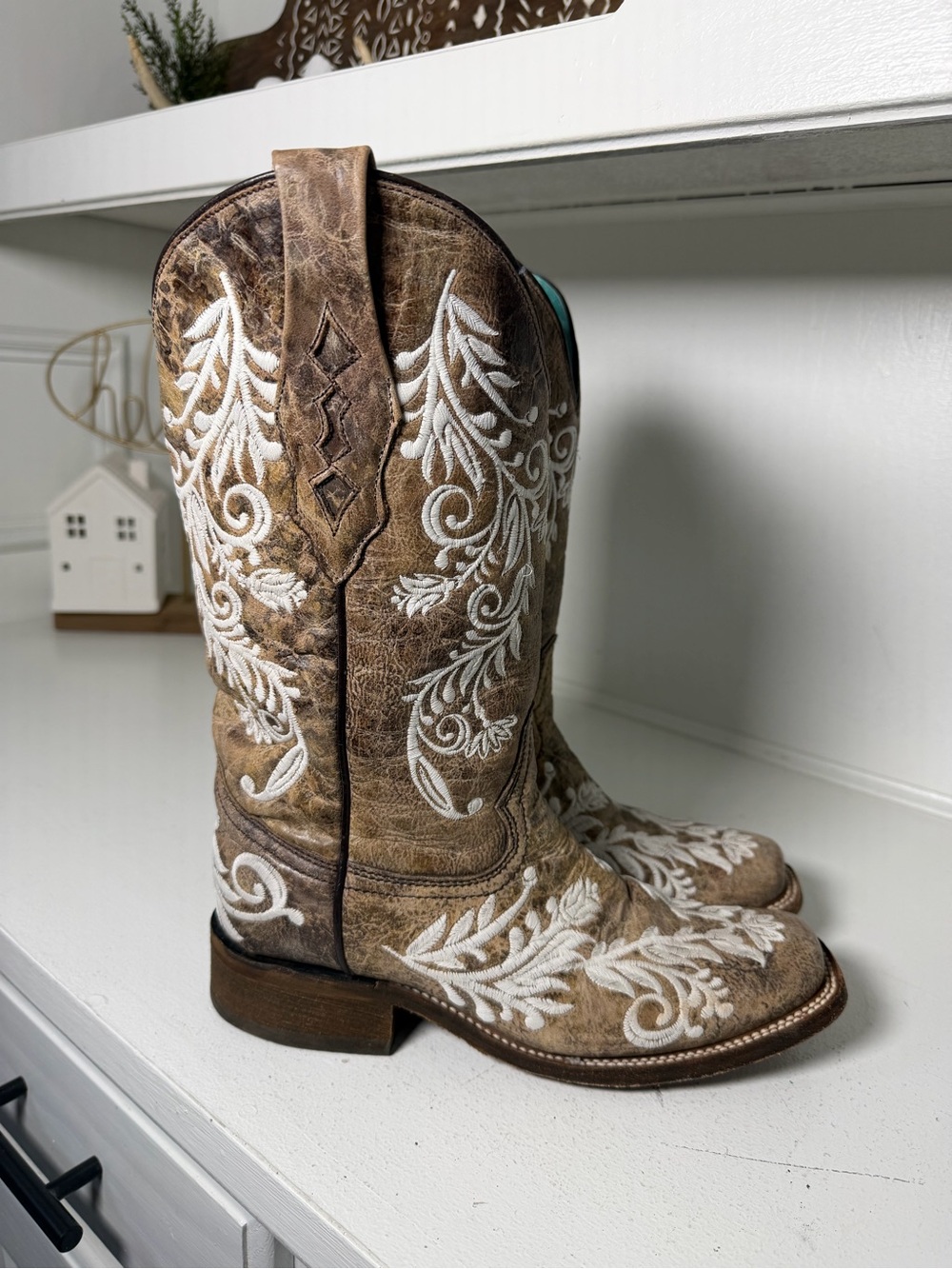 Corral Boots Womens 7.5M Brown White Embroidered Cowboy Boots Western Floral - Picture 6 of 9